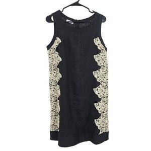Idillio Positano Shift Dress Black Linen Embroidered Crochet Lace Mini Size L